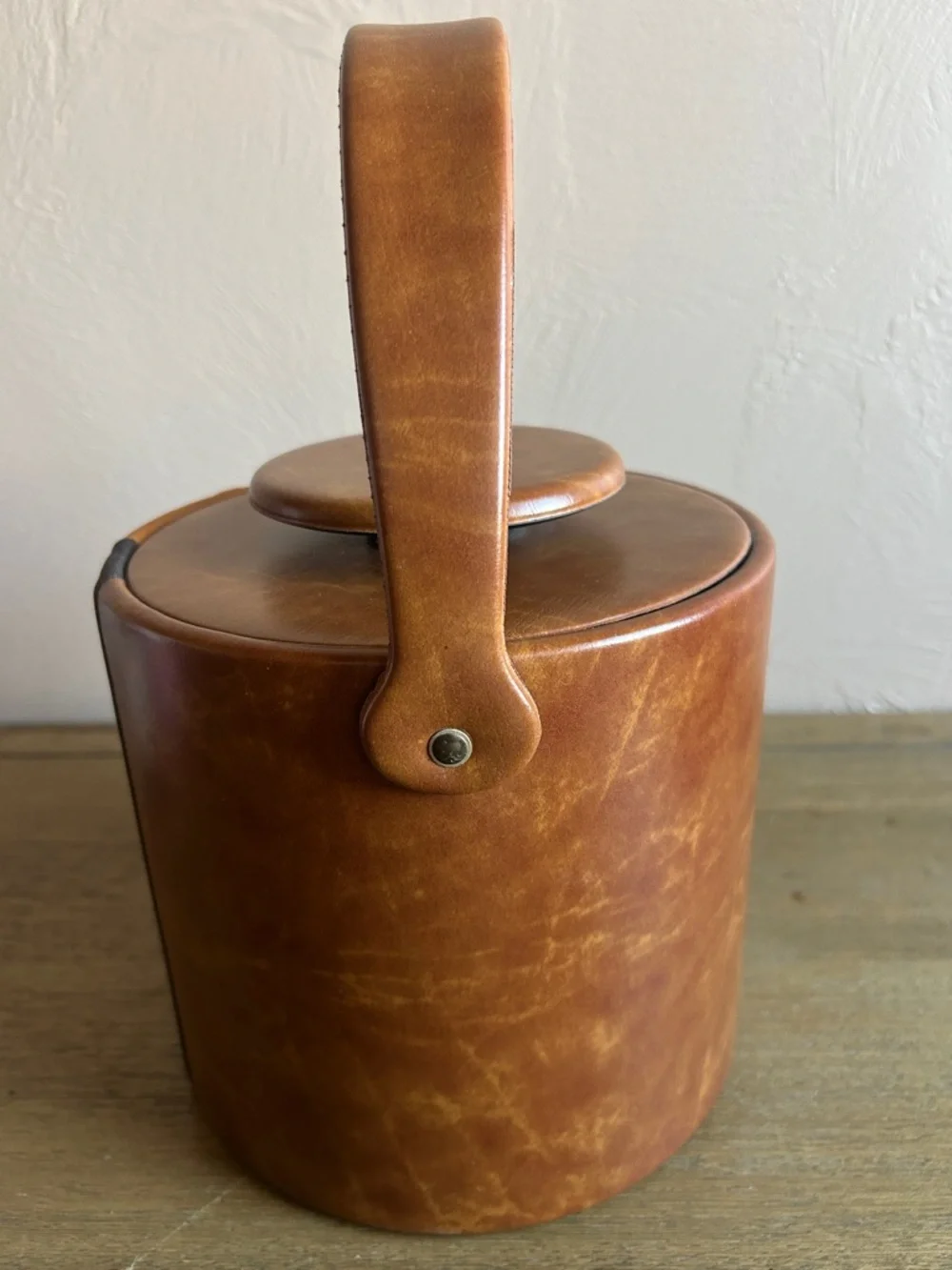 MCM Brown Leather Cylindrical Ice Bucket With Black Accent Made in L. A. USA.